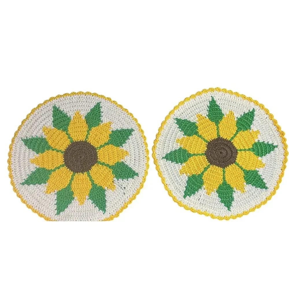 Set of 4 Handmade Crochet Floral Placemats Round Yellow Cream Green 13